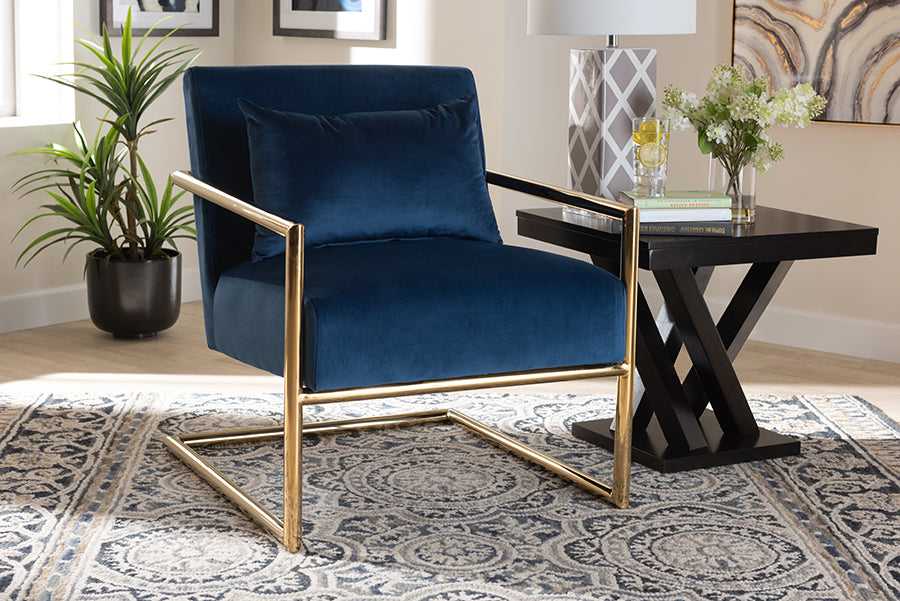Baxton Studio Mira Glam and Luxe Navy Blue Velvet Fabric Upholstered Gold Finished Metal Lounge Chair