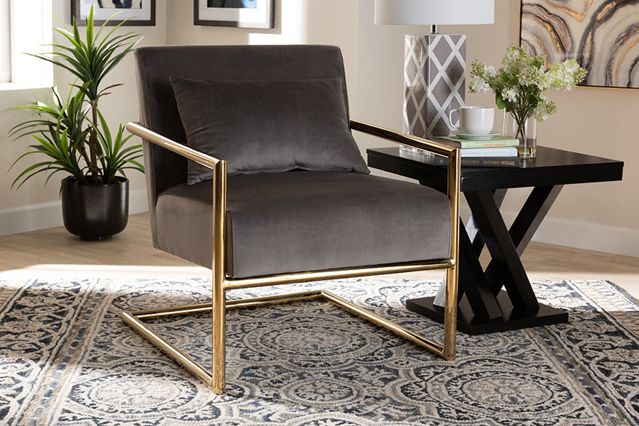 Baxton Studio Mira Glam and Luxe Grey Velvet Fabric Upholstered Gold Finished Metal Lounge Chair