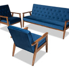 Baxton Studio Sorrento Mid-century Modern Navy Blue Velvet Fabric Upholstered Walnut Finished 3-Piece Wooden Living Room Set