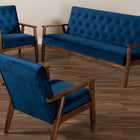Baxton Studio Sorrento Mid-century Modern Navy Blue Velvet Fabric Upholstered Walnut Finished 3-Piece Wooden Living Room Set