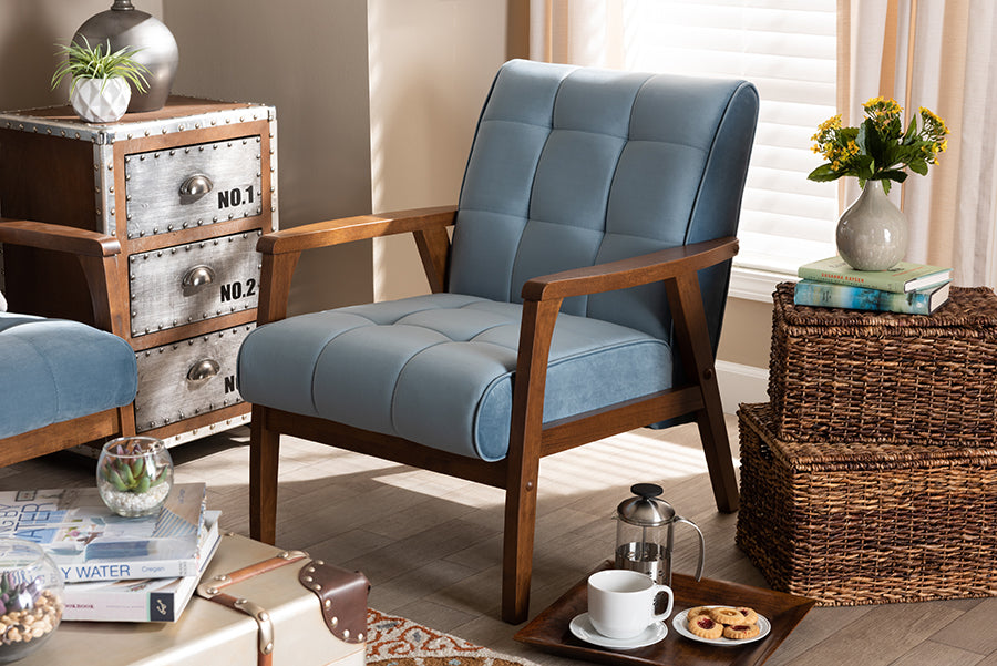 Baxton Studio Asta Mid-Century Modern Light Blue Velvet Fabric Upholstered Walnut Finished Wood Armchair