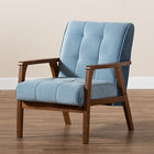 Baxton Studio Asta Mid-Century Modern Light Blue Velvet Fabric Upholstered Walnut Finished Wood Armchair