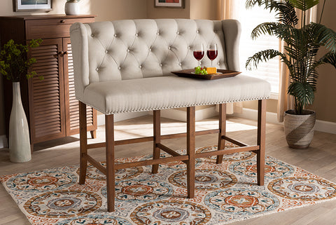 Baxton Studio Alira Modern and Contemporary Beige Fabric Upholstered Walnut Finished Wood Button Tufted Bar Stool Bench