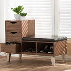 Baxton Studio Arielle Modern and Contemporary Walnut Brown Wood 3-Drawer Shoe Storage Padded Leatherette Seating Bench with Two Open Shelves