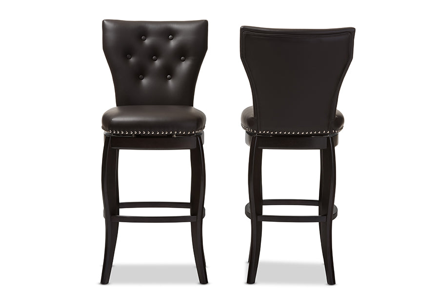 Baxton Studio Leonice Modern and Contemporary Dark Brown Faux Leather Upholstered Button-tufted 29-Inch 2-Piece Swivel Bar Stool Set