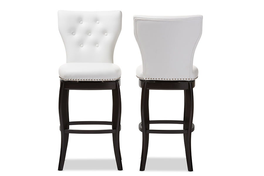 Baxton Studio Leonice Modern and Contemporary White Faux Leather Upholstered Button-tufted 29-Inch 2-Piece Swivel Bar Stool Set