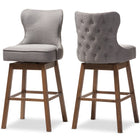 Baxton Studio Gradisca Modern and Contemporary Brown Wood Finishing and Grey Fabric Button-Tufted Upholstered 2-Piece Swivel Barstool Set