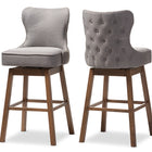 Baxton Studio Gradisca Modern and Contemporary Brown Wood Finishing and Grey Fabric Button-Tufted Upholstered 2-Piece Swivel Barstool Set