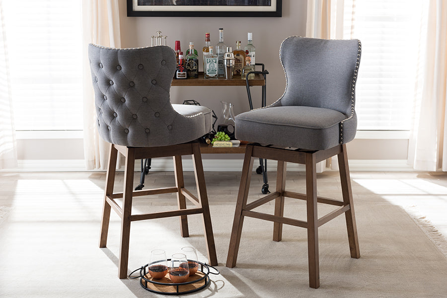 Baxton Studio Gradisca Modern and Contemporary Brown Wood Finishing and Grey Fabric Button-Tufted Upholstered 2-Piece Swivel Barstool Set