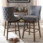 Baxton Studio Gradisca Modern and Contemporary Brown Wood Finishing and Grey Fabric Button-Tufted Upholstered 2-Piece Swivel Barstool Set