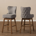 Baxton Studio Gradisca Modern and Contemporary Brown Wood Finishing and Grey Fabric Button-Tufted Upholstered 2-Piece Swivel Barstool Set
