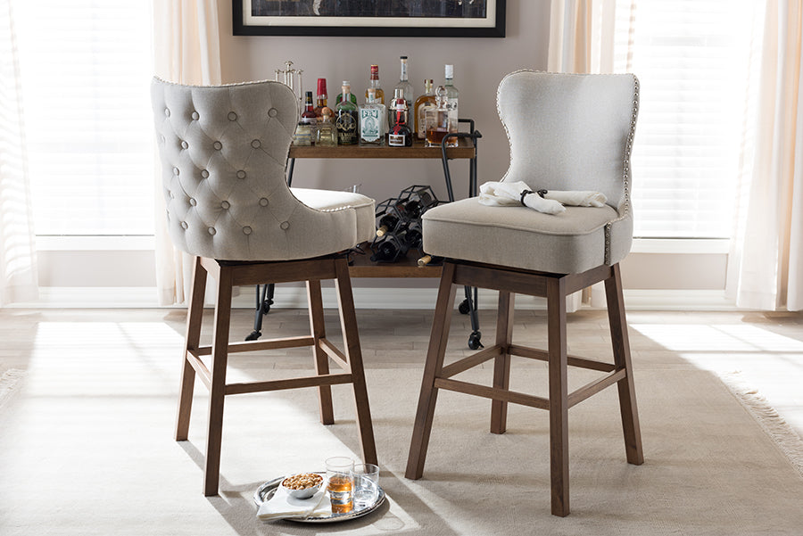 Baxton Studio Gradisca Modern and Contemporary Brown Wood Finishing and Light Beige Fabric Button-Tufted Upholstered 2-Piece Swivel Barstool Set