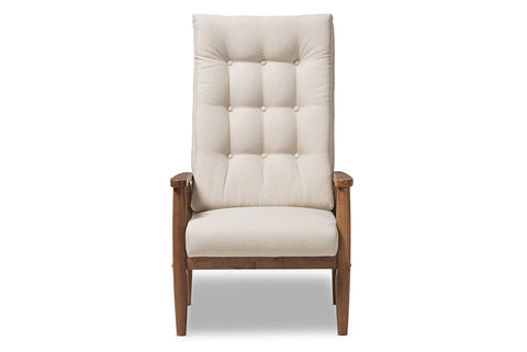 Baxton Studio Roxy Mid-Century Modern Walnut Brown Finish Wood and Light Beige Fabric Upholstered Button-Tufted High-Back Chair