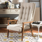 Baxton Studio Roxy Mid-Century Modern Walnut Brown Finish Wood and Light Beige Fabric Upholstered Button-Tufted High-Back Chair