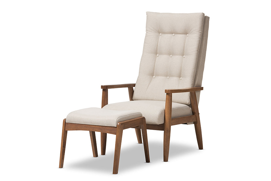 Baxton Studio Roxy Mid-Century Modern Walnut Wood Finishing and Light Beige Fabric Upholstered Button-Tufted High-Back Lounge Chair and Ottoman Set