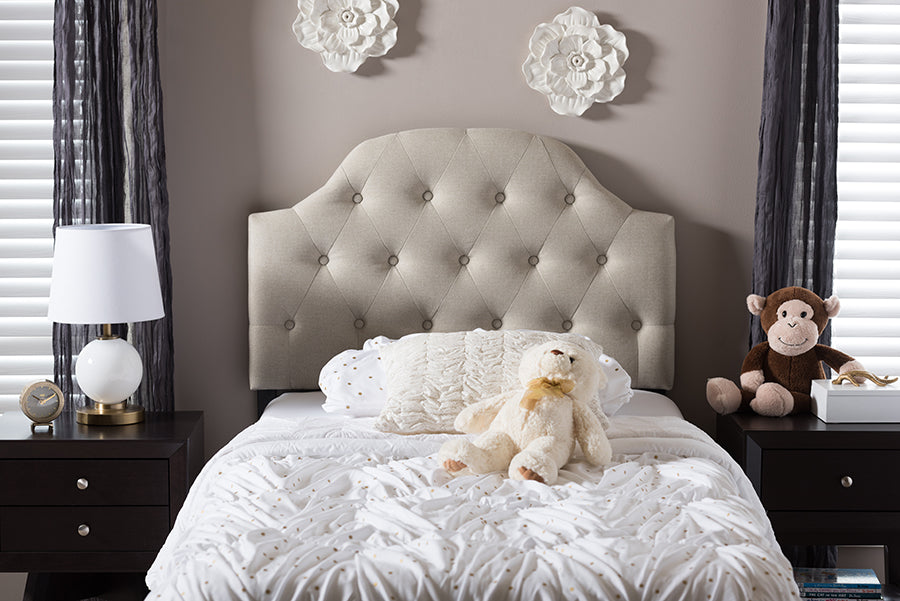 Baxton Studio Morris Modern and Contemporary Light Beige Fabric Upholstered Button-Tufted Scalloped Twin Size Headboard 