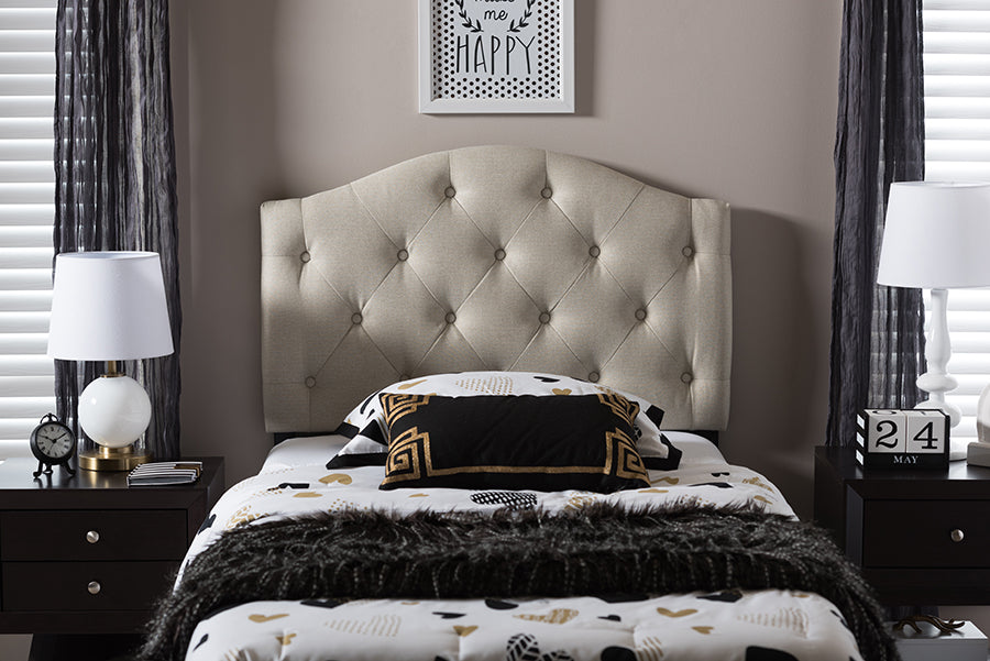 Baxton Studio Myra Modern and Contemporary Light Beige Fabric Upholstered Button-Tufted Scalloped Twin Size Headboard 