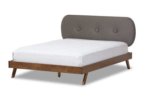 Baxton Studio Penelope Mid-Century Modern Solid Walnut Wood Grey Fabric Upholstered King Size Platform Bed