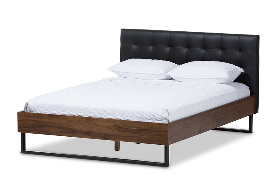 Baxton Studio Mitchell Rustic Industrial Walnut Wood Black Faux Leather Dark Bronze Metal King Size Platform Bed