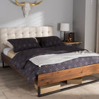 Baxton Studio Mitchell Rustic Industrial Walnut Wood Beige Fabric Dark Bronze Metal King Size Platform Bed
