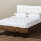 Baxton Studio Mitchell Rustic Industrial Walnut Wood White Faux Leather Dark Bronze Metal Queen Size Platform Bed