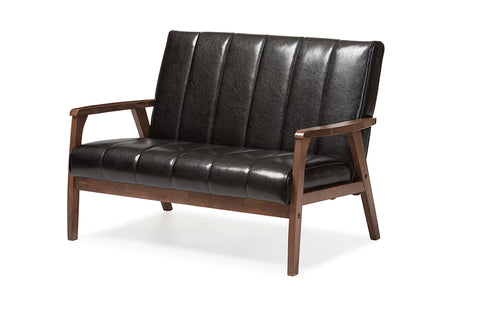 Baxton Studio Nikko Mid-century Modern Scandinavian Style Black Faux Leather Wooden 2-Seater Loveseat