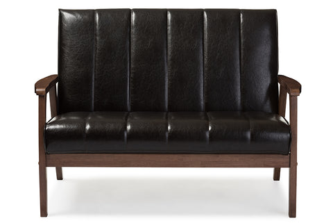 Baxton Studio Nikko Mid-century Modern Scandinavian Style Dark Brown Faux Leather Wooden 2-Seater Loveseat