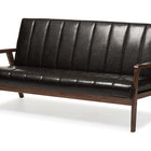 Baxton Studio Nikko Mid-century Modern Scandinavian Style Dark Brown Faux Leather Wooden 3-Seater Sofa
