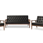Baxton Studio Sorrento Mid-century Retro Modern Black Faux Leather Upholstered Wooden 3 Piece Living room Set