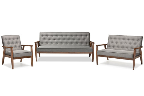 Baxton Studio Sorrento Mid-century Retro Modern Grey Fabric Upholstered Wooden 3 Piece Living room Set