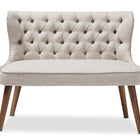 Baxton Studio Scarlett Mid-Century Modern Brown Wood and Light Beige Fabric Upholstered Button-Tufting with Nail Heads Trim 2-Seater Loveseat Settee