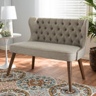 Baxton Studio Scarlett Mid-Century Modern Brown Wood and Light Beige Fabric Upholstered Button-Tufting with Nail Heads Trim 2-Seater Loveseat Settee
