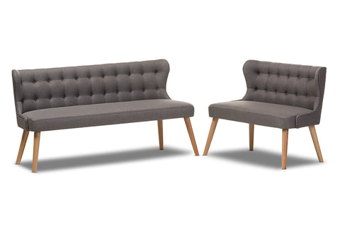 Baxton Studio Melody Mid-Century Modern Natural Wood Finishing Grey Fabric 2-Piece Settee Set