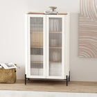 Manhattan Comfort Abbey Modern 32" Tempered Glass Bookcase Cabinet in Maple and Off White (4-Shelf)