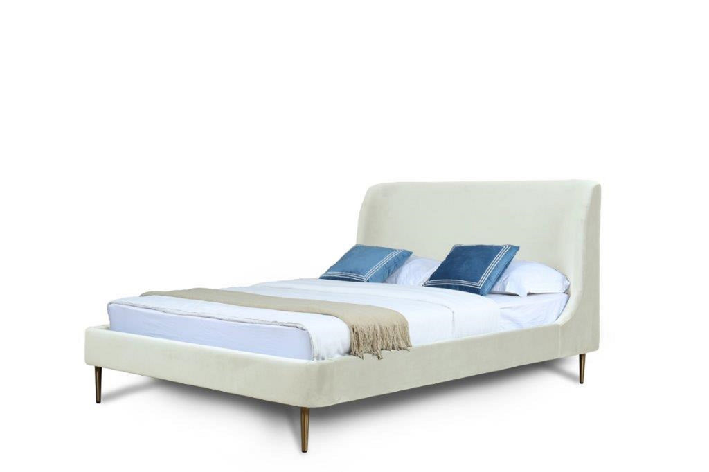 Manhattan Comfort Heather Mid-Century Modern Velvet Upholstered Full Bed in Cream and Gold