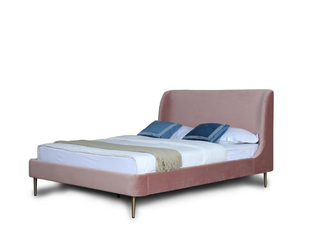 Manhattan Comfort Heather Mid-Century Modern Velvet Upholstered Queen Bed in Blush and Gold
