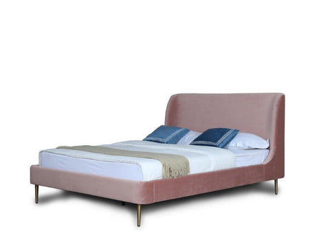 Manhattan Comfort Heather Mid-Century Modern Velvet Upholstered Queen Bed in Blush and Gold