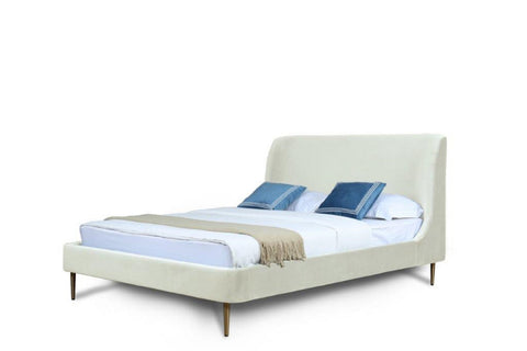 Manhattan Comfort Heather Mid-Century Modern Velvet Upholstered Queen Bed in Cream and Gold