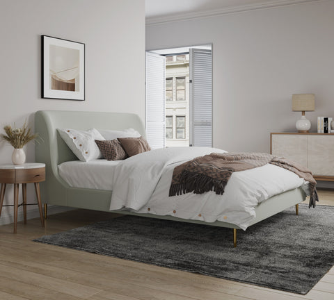 Manhattan Comfort Heather Mid-Century Modern Velvet Upholstered Queen Bed in Cream and Gold