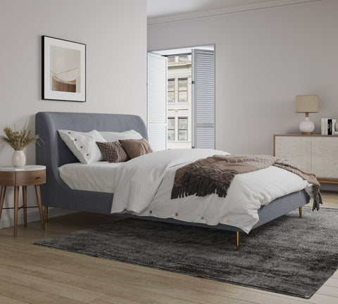 Manhattan Comfort Heather Mid-Century Modern Velvet Upholstered Queen Bed in Gray and Gold