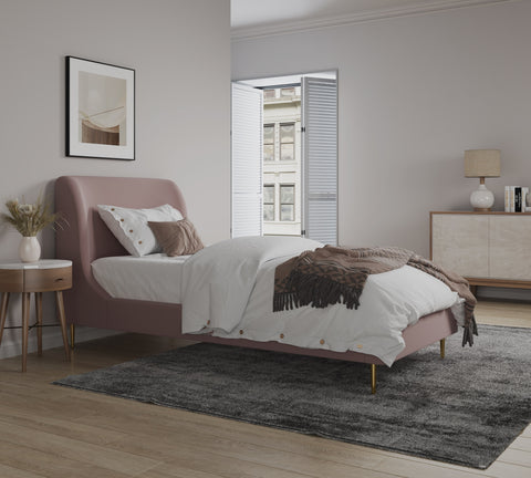 Manhattan Comfort Heather Mid-Century Modern Velvet Upholstered Twin Bed in Blush and Gold