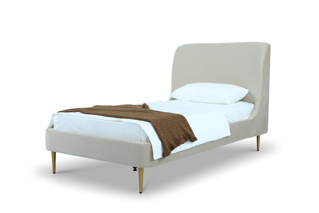 Manhattan Comfort Heather Mid-Century Modern Velvet Upholstered Twin Bed in Cream and Gold
