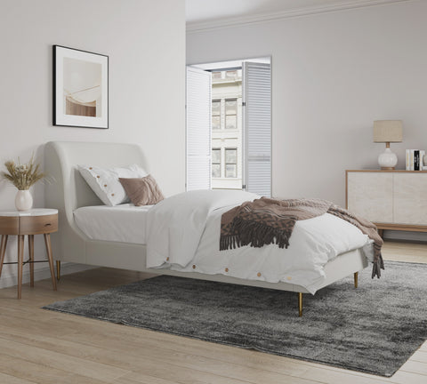 Manhattan Comfort Heather Mid-Century Modern Velvet Upholstered Twin Bed in Cream and Gold