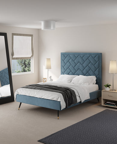 Manhattan Comfort Crosby Modern Velvet Upholstered Full Bed in Blue