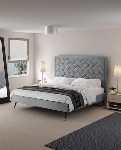 Manhattan Comfort Crosby Modern Velvet Upholstered King Bed in Gray