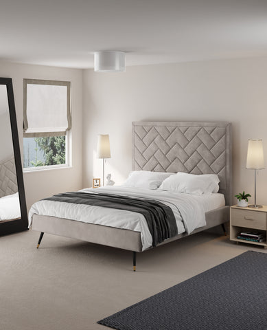 Manhattan Comfort Crosby Modern Velvet Upholstered Queen Bed in Greige