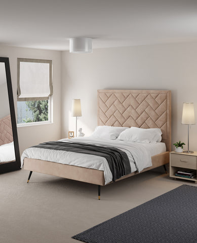 Manhattan Comfort Crosby Modern Velvet Upholstered Queen Bed in Nude
