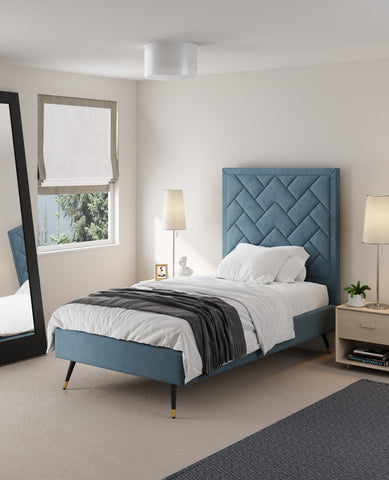 Manhattan Comfort Crosby Modern Velvet Upholstered Twin Bed in Blue