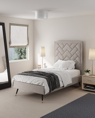 Manhattan Comfort Crosby Modern Velvet Upholstered Twin Bed in Greige