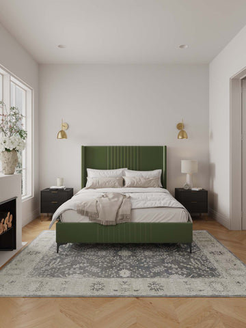 Manhattan Comfort Promenade Mid-Century Modern Velvet Upholstered Queen Bed in Moss Green